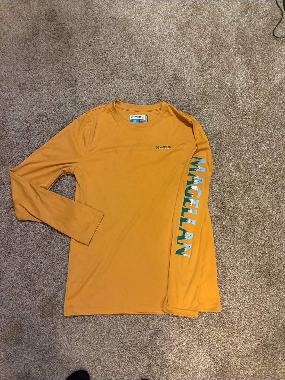 Magellan Outdoors Long Sleeve Tee in Mustard Yellow with Teal Logo
